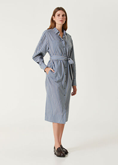 Brunello Cucinelli Mavi Çizgili Midi Gömlek Elbise - 3