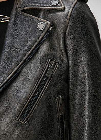 Golden Goose Slim Fit Siyah Deri Biker Ceket - 5