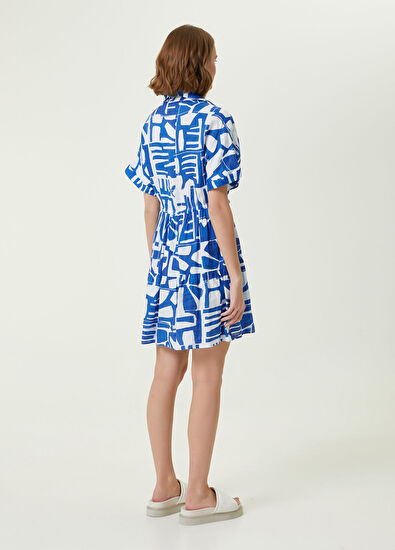 Beymen Club Beyaz Mavi Fayans Desenli Mini Keten Gömlek Elbise - 5