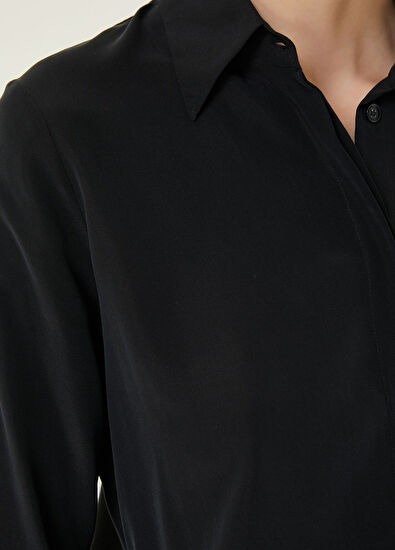 Siyah Kesik Yaka Klasik İpek Gömlek - Görsel 6