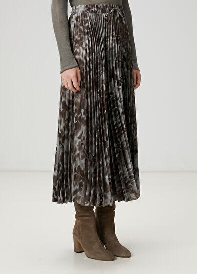 Beymen Club Kahverengi Desenli Pileli Midi Etek - 5