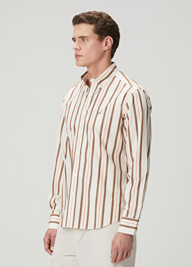 Beymen Club Comfort Fit Bej Kahverengi Çizgi Desenli Gömlek - 5