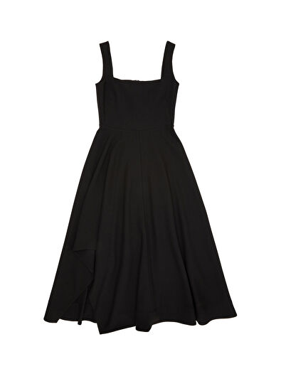 Siyah Asimetrik Etek Detaylı Midi Elbise - Görsel 9