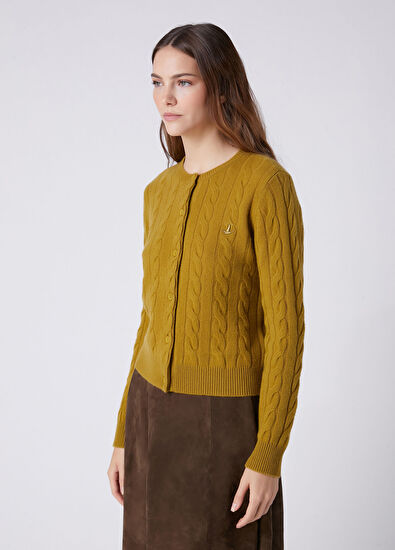 Beymen Club Oil Green Cable Knit Wool Cardigan - 5