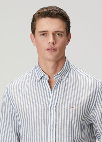 Beymen Club Comfort Fit Navy Blue White Striped Linen Shirt - 6