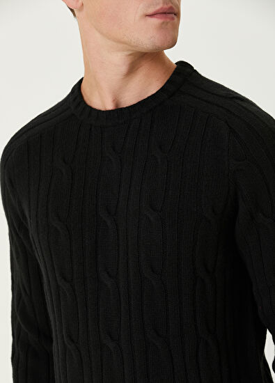 Beymen Club Siyah Kalın Saç Örgü Dokulu Yün Kazak - 6