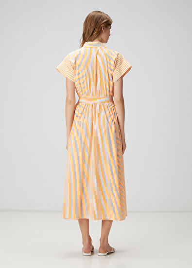 Beymen Club Turuncu Beyaz Çizgili Midi Gömlek Elbise - 4