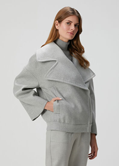 Gri Crop Yün Kaban - Görsel 4
