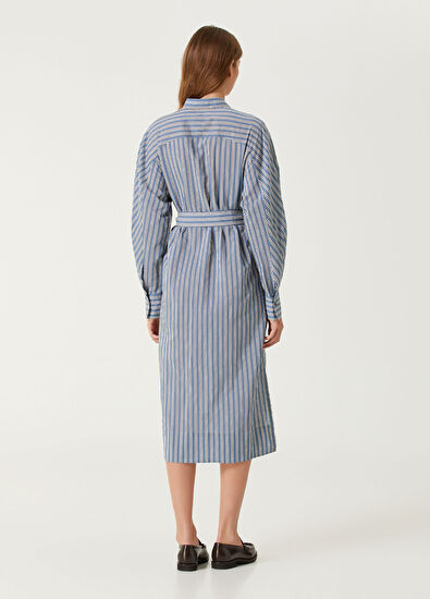 Brunello Cucinelli Mavi Çizgili Midi Gömlek Elbise - 5