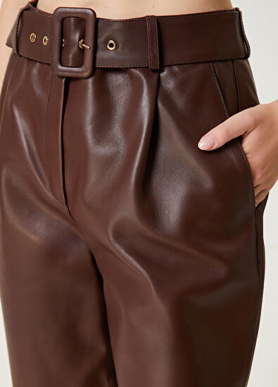 Beymen Club Brown Belted Leather Pants - 4