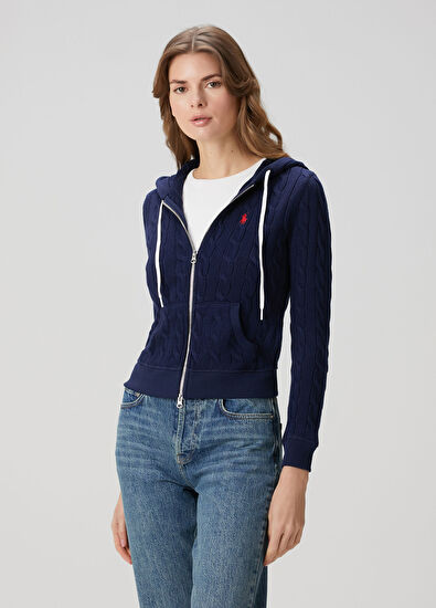 Lacivert Kapüşonlu Saç Örgü Hırka - Görsel 4