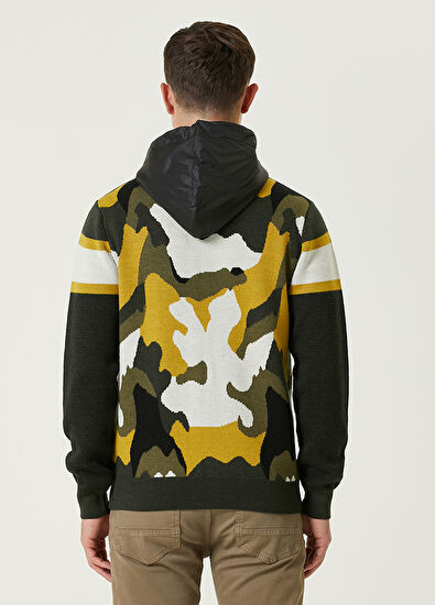 Beymen Club Koyu Haki Kapüşonlu Kamuflaj Jakar Yün Triko Hırka - 5