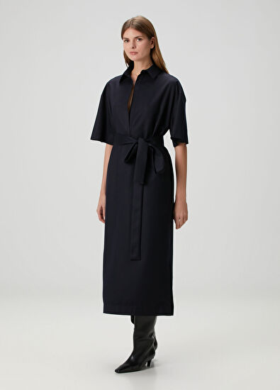 Sa Su Phi Navy Blue Midi Wool Shirt Dress - 3