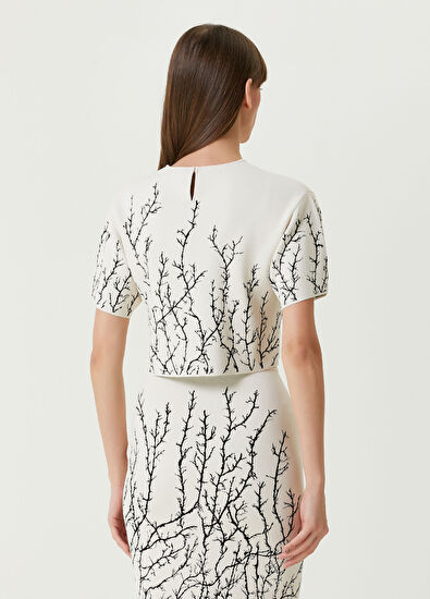 McQueen Fildişi Siyah Desenli Crop Yün Bluz - 5