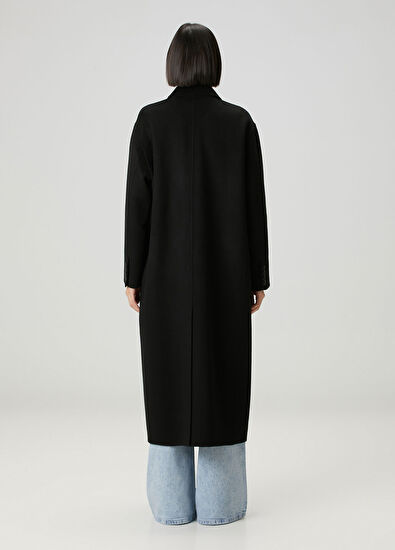 Siyah El Dikişli Yün Palto - Görsel 6