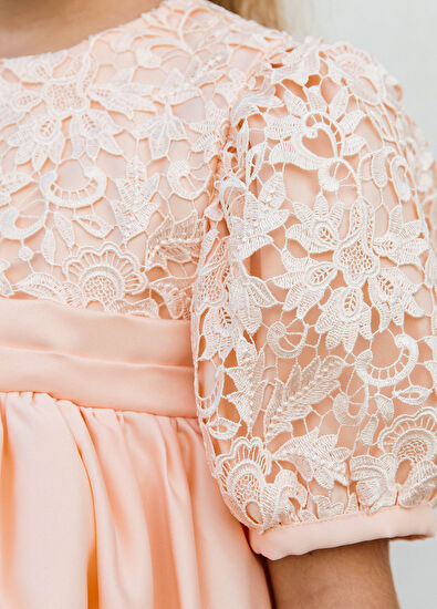 Lullmom Salmon Short Sleeve Girl's Taffeta Dress - 4