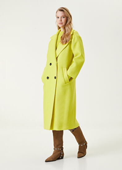 Beymen Club Neon Sarı Kruvaze Yün Keçe Palto - 3