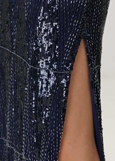 Lacivert İşlemeli Maksi Abiye Elbise - Görsel 6