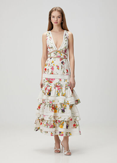 Camilla Beyaz Çiçekli Maksi Elbise - 3