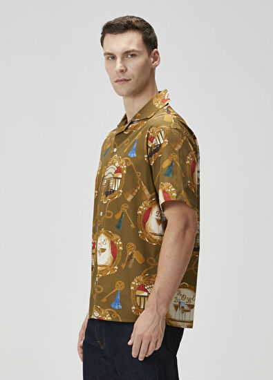 Drôle De Monsieur Haki Figür Desenli Kısa Kollu Gömlek - 4