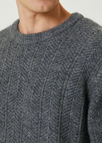 Solid Homme Gri Zikzak Dokulu Yün Kazak - 5