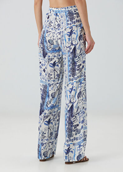 Beymen Collection Navy Blue White Patterned Silk Trousers - 4