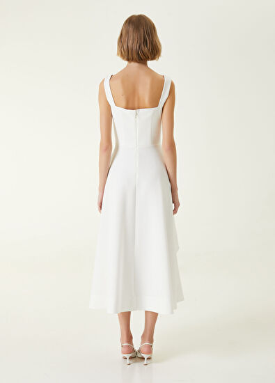 Beyaz Asimetrik Etekli Elbise - Görsel 7