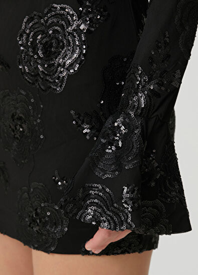 Siyah Payetli Çiçekli Mini Kokteyl Elbise - Görsel 6