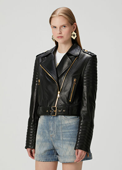 Siyah Crop Deri Ceket - Görsel 5