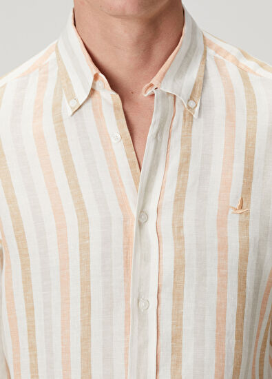 Beymen Club Comfort Fit Beyaz Somon Çizgi Desenli Keten Gömlek - 6