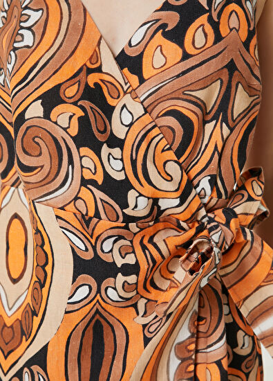 Beymen Club Kahverengi Desenli Midi Keten Anvelop Elbise - 5