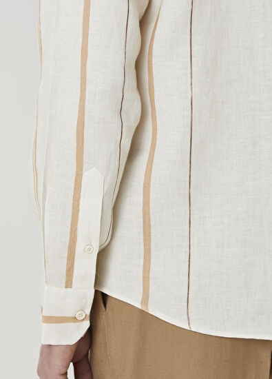 Beymen Club Comfort Fit Cream Line Patterned Linen Shirt - 7