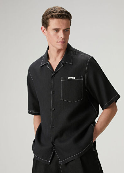 Beymen Club Siyah Oversize Fit Kısa Kollu Keten Gömlek - 5
