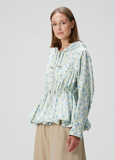 Mavi Kapüşonlu Çiçekli Ceket - Görsel 4