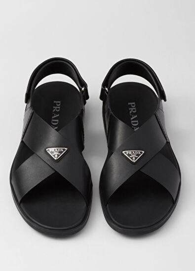 Prada Black Leather Cross Band Men's Slippers Sandals - 3