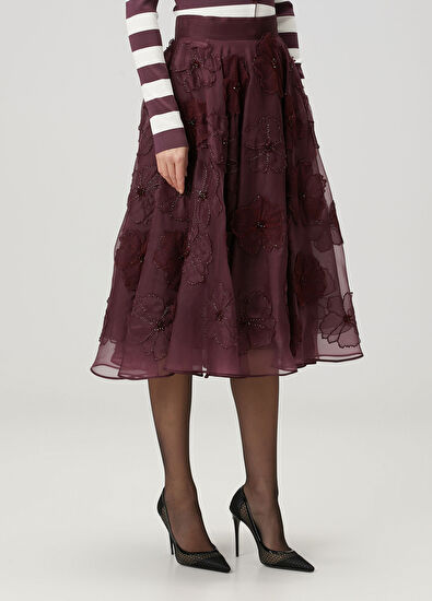 Dolce&Gabbana Bordo İşlemeli Midi İpek Organza Etek - 3