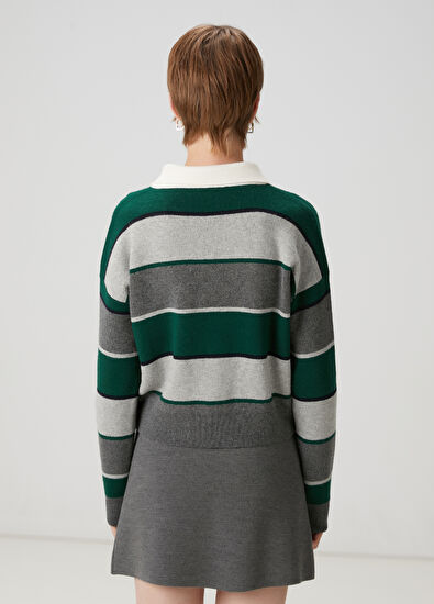 Beymen Club Koyu Yeşil Çizgili Yün Polo Kazak - 6