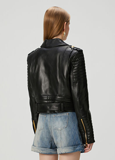Siyah Crop Deri Ceket - Görsel 6