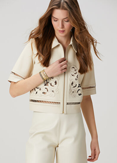 Beymen Club Kırık Beyaz Nakışlı Deri Ceket - 5