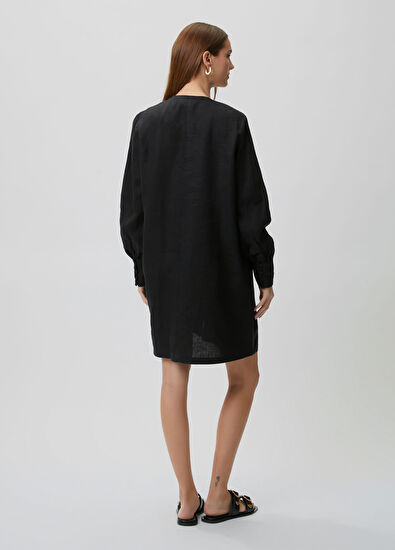 Beymen Club Oversize Siyah Kısa Keten Elbise - 5