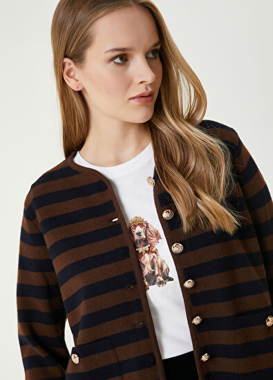 Brown Navy Blue Line Patterned Knit Cardigan Beymen Club Brown Navy Blue Line Patterned Knit Cardigan - 3