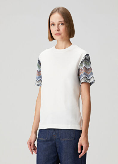 Beyaz Zikzak Desenli T-shirt - Görsel 4