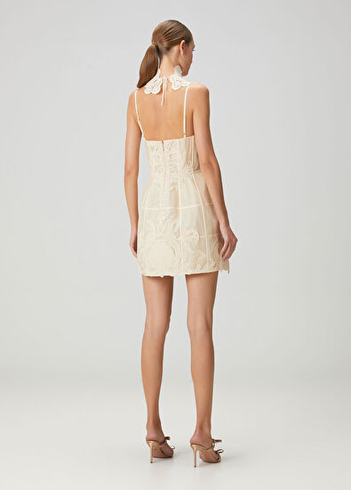 Rebellion Filigree Krem Mini Keten Kokteyl Elbise - Görsel 5