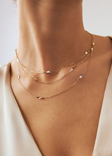 Üç Zincir Burma 14 Ayar Kadın Altın Kolye - Görsel 7