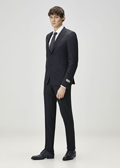 Lacivert Çizgi Desenli Yün Takım Elbise - Görsel 4