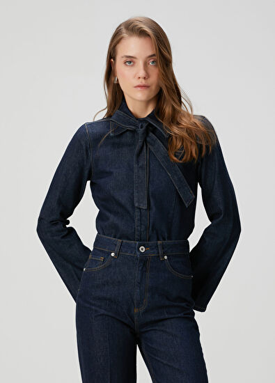 Lacivert Bağlama Detaylı Denim Gömlek - Görsel 6