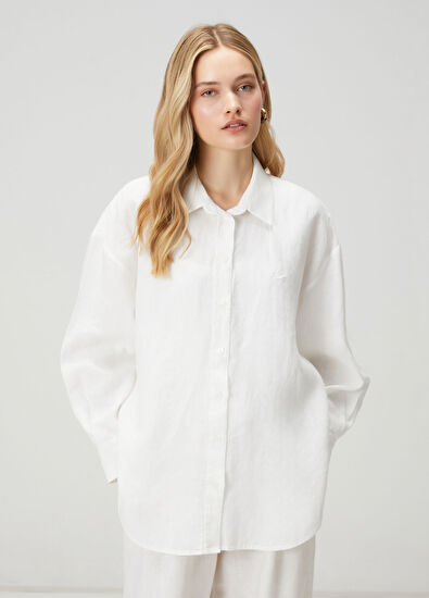 Beymen Club Oversize Kırık Beyaz Logolu Keten Gömlek - 3