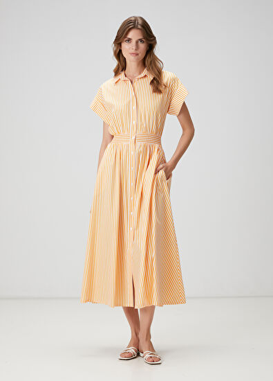 Beymen Club Turuncu Beyaz Çizgili Midi Gömlek Elbise - 3