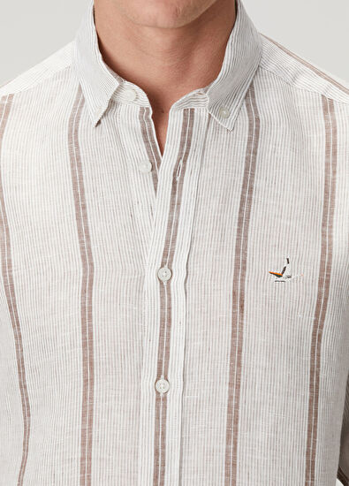 Beymen Club Cream Brown Striped Linen Shirt - 6