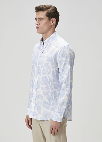 Beymen Club Blue White Leaf Printed Linen Shirt - 4